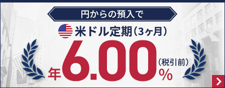 円からの預入で米ドル定期（6ヶ月）年6.00％（税引前）