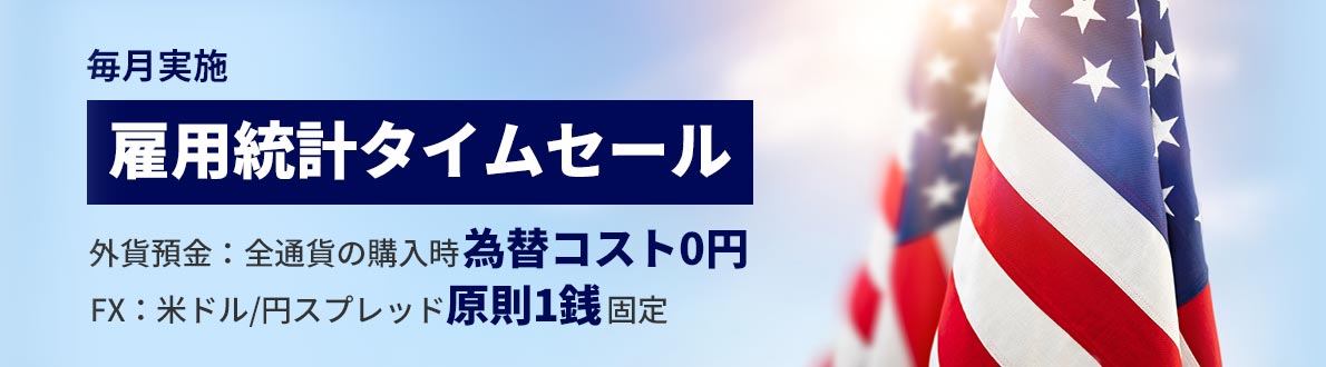 毎月実施 雇用統計タイムセール 外貨預金：全通貨の購入時為替コスト0円 FX：米ドル/円スプレッド原則1銭固定