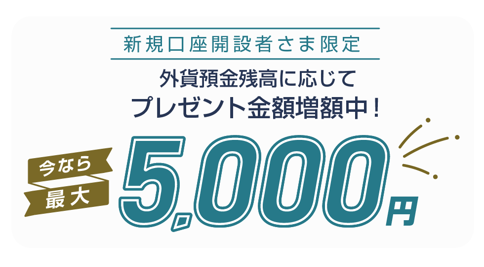 新規口座開設者さま限定　外貨預金残高に応じてプレゼント金額増額中！今なら最大5,000円