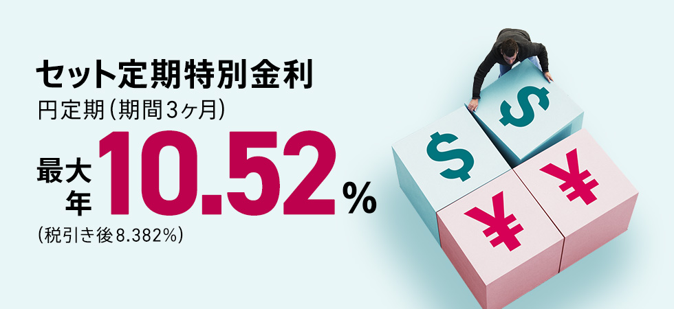 セット定期特別金利 円定期(期間3ヶ月)最大 年10.52%(税引き後8.382%)