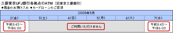 旧東京三菱銀行のATMに関する現金のお預け入れ・カードローンのご返済に関するお取り扱い時間＜正＞