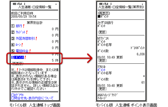 モバイル版人生通帳 表示画面例