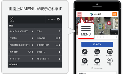 左上のMENUを押すと、画面上にMENUが表示されます