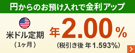円からのお預け入れで金利アップ 米ドル定期（1ヶ月）年2.00%（税引き後 年1.593%）