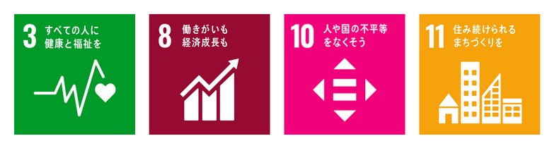 No.3 すべての人に健康と福祉を No.8 働きがいも 経済成長も No.10 人や国の不平等をなくそう No.11 住み続けられるまちづくりを