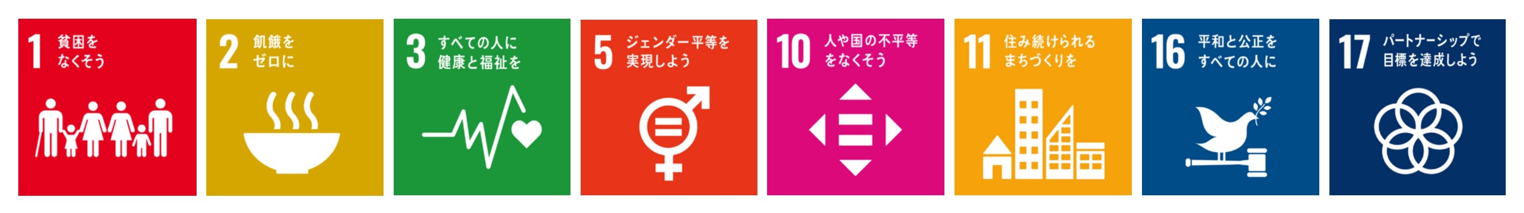 No1 貧困をなくそう　No2 飢餓をゼロに　No3 すべての人に健康と福祉を　No5 ジェンダー平等を実現しよう　No10 人や国の不平等をなくそう　No11 住み続けられるまちづくりを　No16 平和と公正をすべての人に　No17 パートナーシップで目標を達成しよう