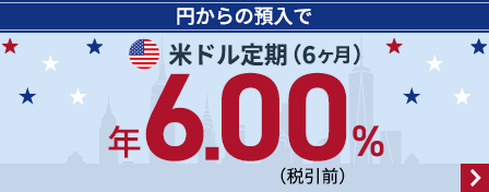 円からの預入で米ドル定期（6ヶ月）年6.00％（税引前）