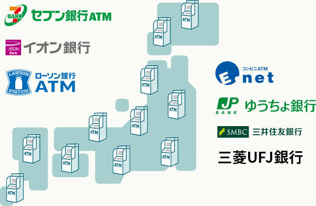 セブン銀行ATM　イオン銀行　ローソン銀行ATM　コンビニATM Enet　ゆうちょ銀行　三菱UFJ銀行　三井住友銀行