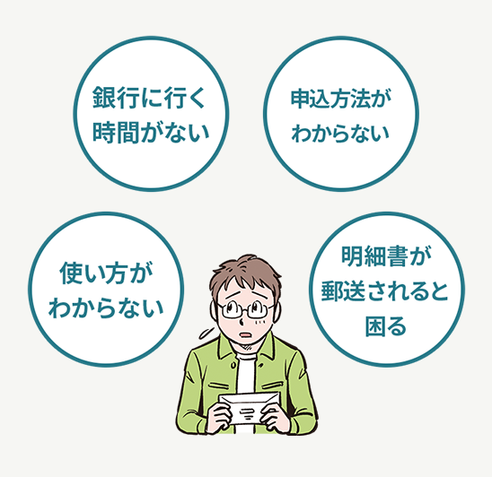 使い方がわからない　銀行に行く時間がない　申込方法がわからない　明細書が郵送されると困る
