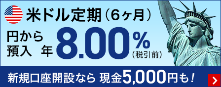 米ドル定期（6ヶ月）円からの預入　年8.00％（税引前） 新規口座開設なら現金5,000円も！