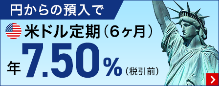 円からの預入で米ドル定期（6ヶ月）年7.50％（税引前）