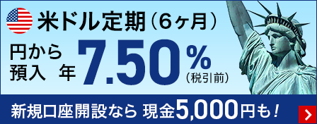 米ドル定期（6ヶ月）円から預入 年7.50％（税引前）新規口座開設なら現金5,000円も！
