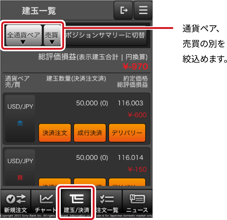 通貨ペア、売買の別を絞込めます。