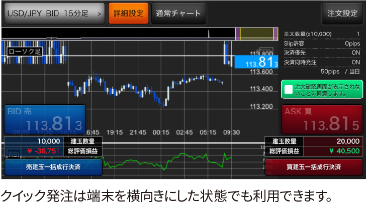 クイック発注は端末を横向きにした状態でも利用できます。